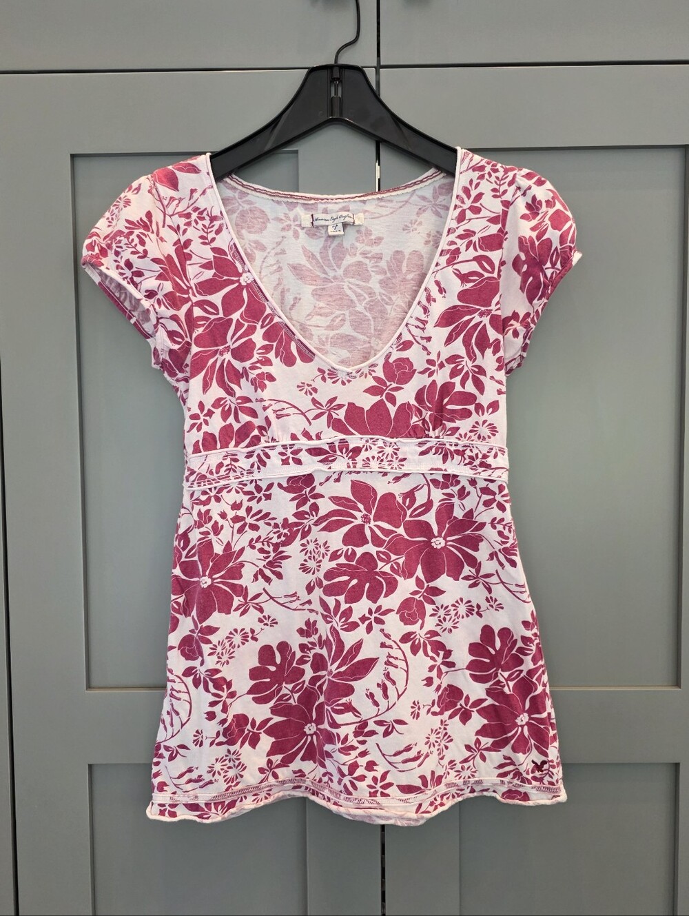 Vintage American Eagle Floral Pink Babydoll Y2K Empire Waist Top Small Cotton